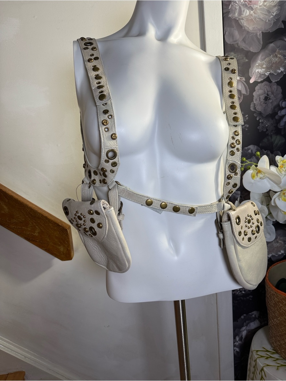 Free People Cream Studded Harness Crossbody with Dual Pouches